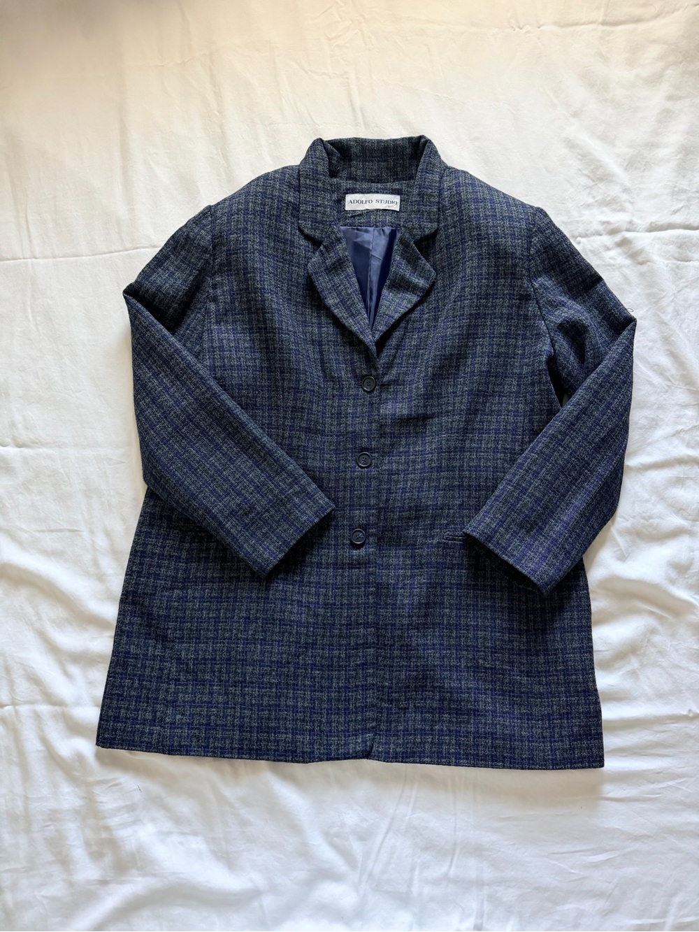 Vintage 90s Adolfo Studio Blue Plaid Tweed Longline Blazer Jacket Size 16 XL